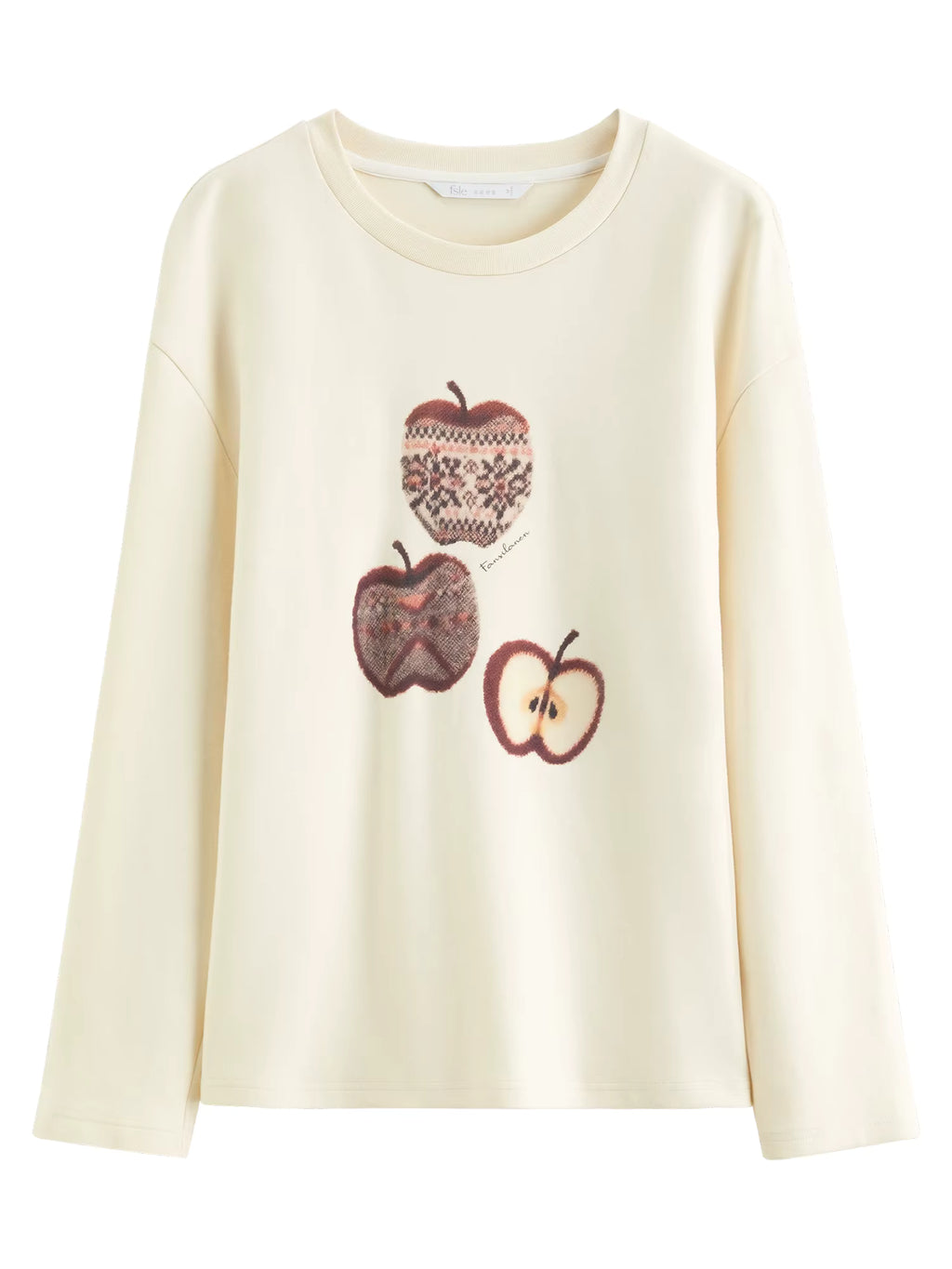 Spring Autumn New Women's American Retro Funny Apple Print T-Shirt Casual Loose Fit Round Neck Top Y2K Vintage Streetwear