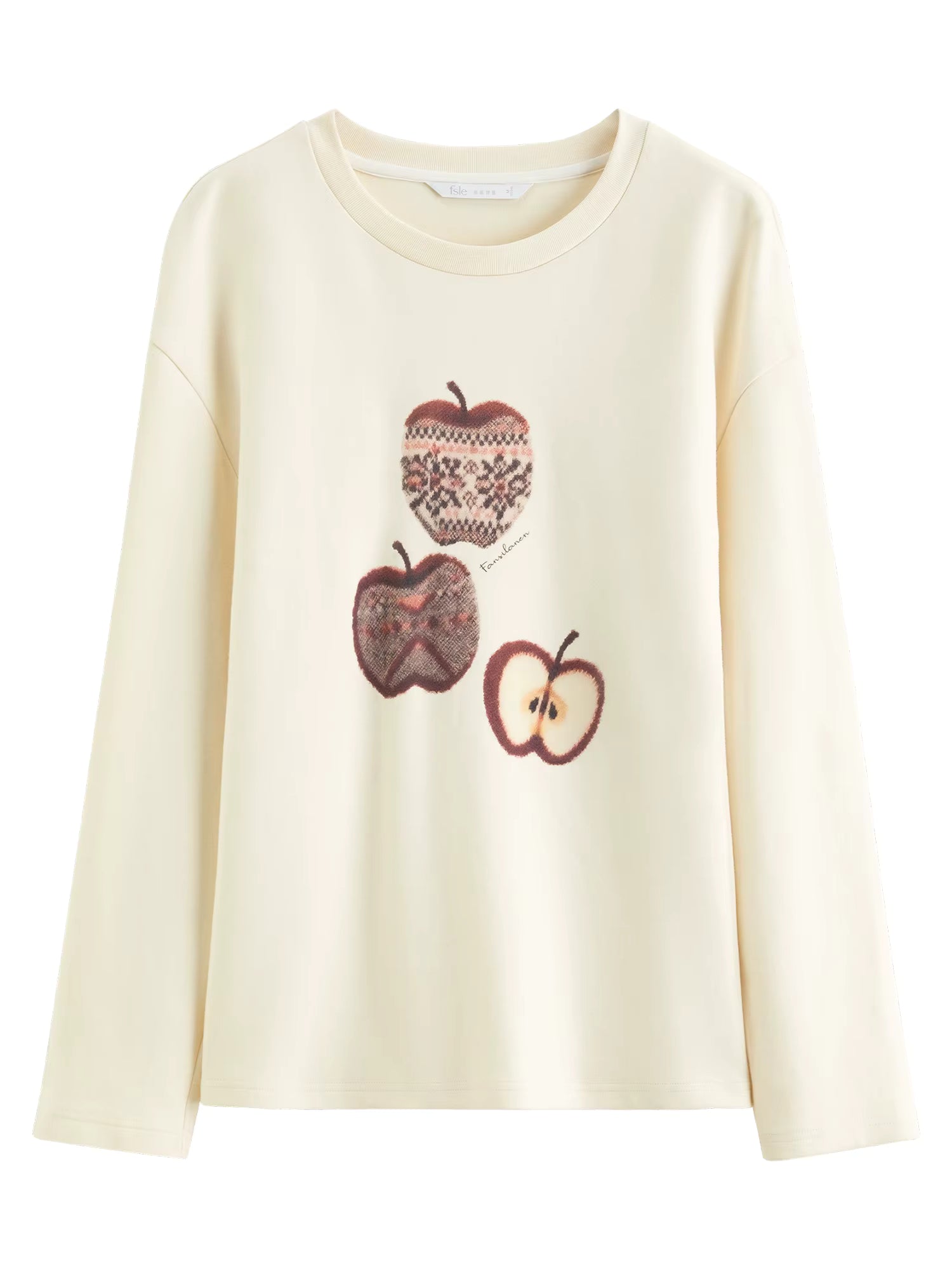 Spring Autumn New Women's American Retro Funny Apple Print T-Shirt Casual Loose Fit Round Neck Top Y2K Vintage Streetwear