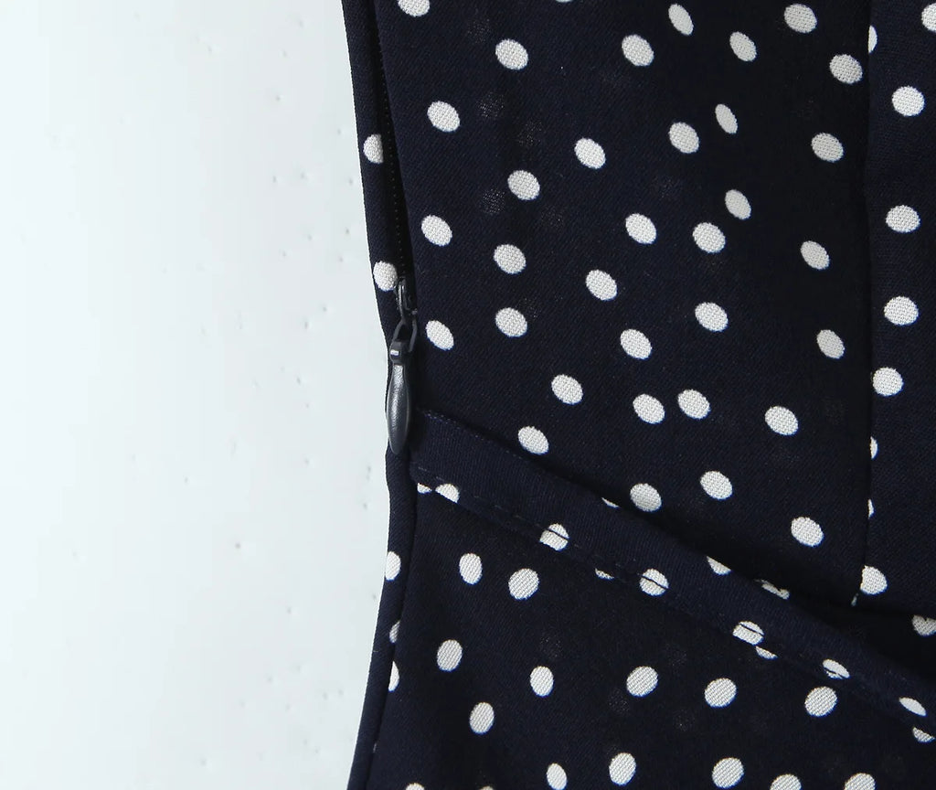 Elegant Navy V Neck Polka Dot Print Lace Trim Dress