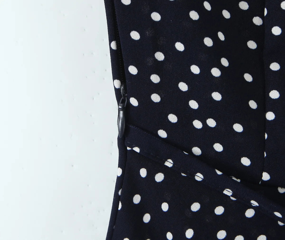 Elegant Navy V Neck Polka Dot Print Lace Trim Dress