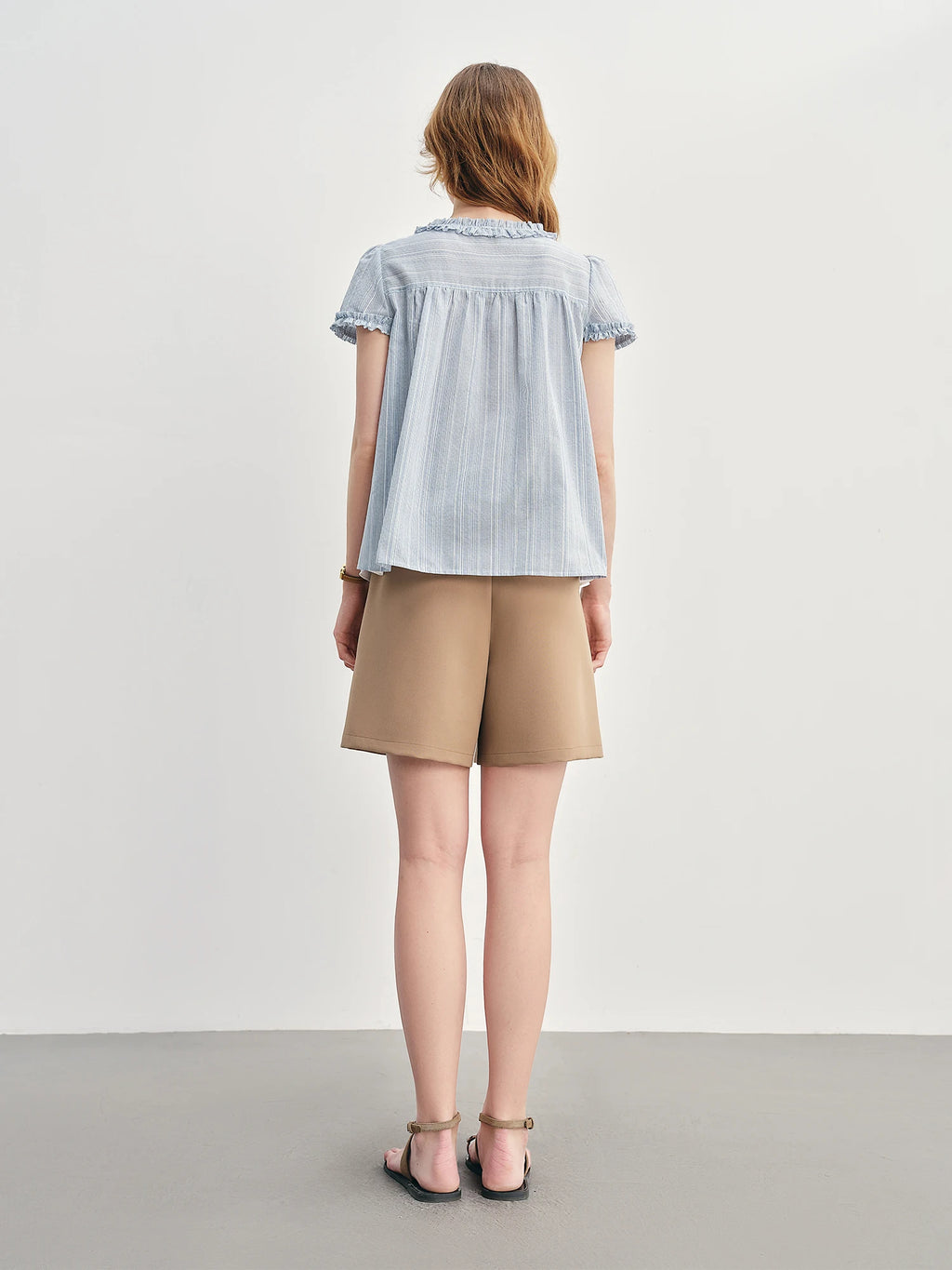 DUSHU Ruffled Fake Two-piece Shirt 2025 Summer New Striped Blue Top Shirt