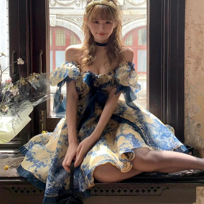 Korean Style Elegant Fairy Mini Dress Vintage Sweet Women Puff Sleeves Bow High Waist Slim Dresses Sexy Off Shoulder Party Dress