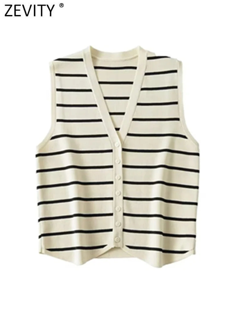 New Women Fashion V Neck Sleeveless Striped Pattern Knitted Vest Sweater Female Chic Single Breasted Cardigan Tops SW4789