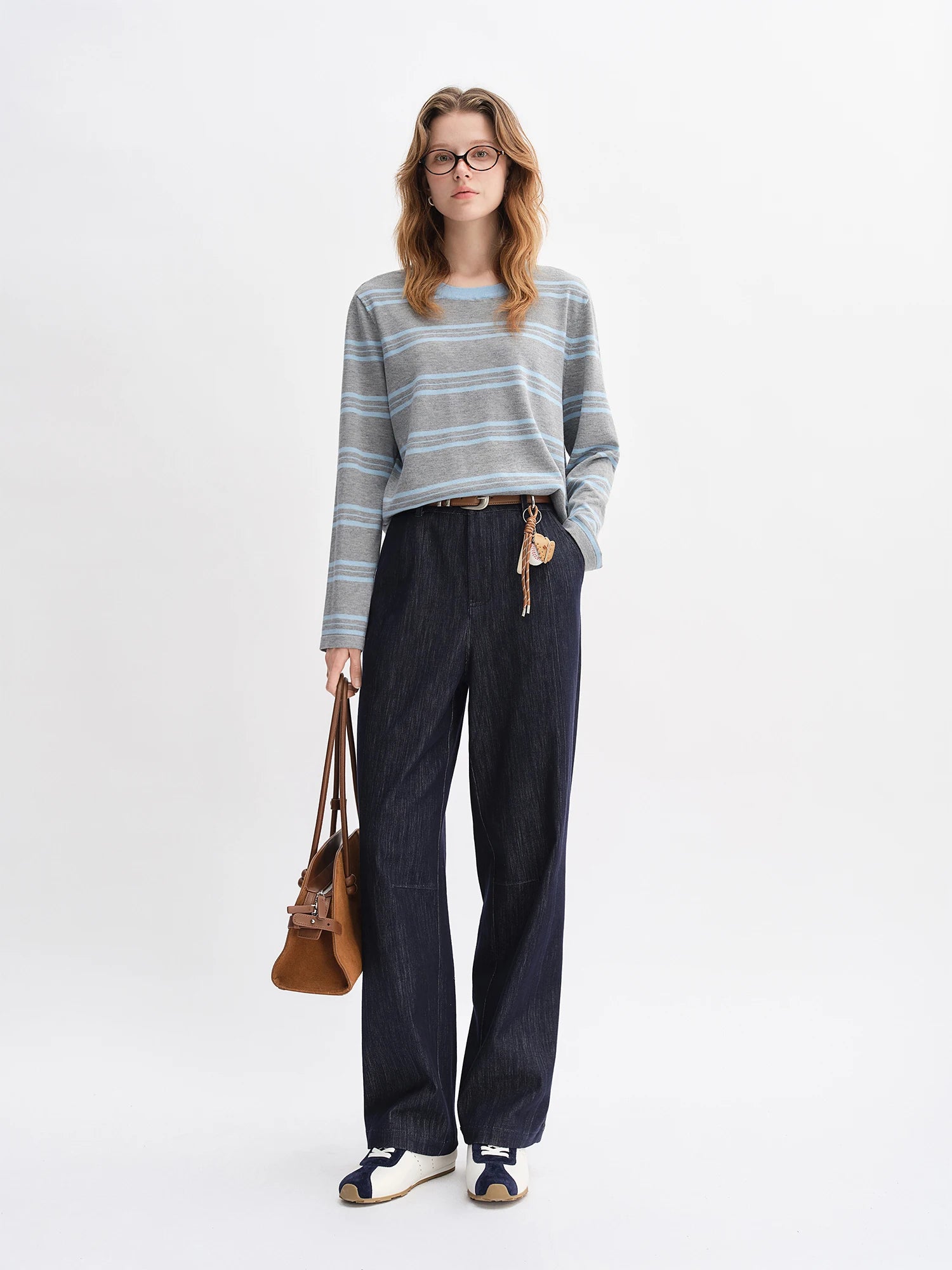 DUSHU Autumn 2025 Women's Vintage Wide Leg Jeans - Curve Flattering High Waist Stretch Denim Pants Arc Hem Casual Comfort Fit