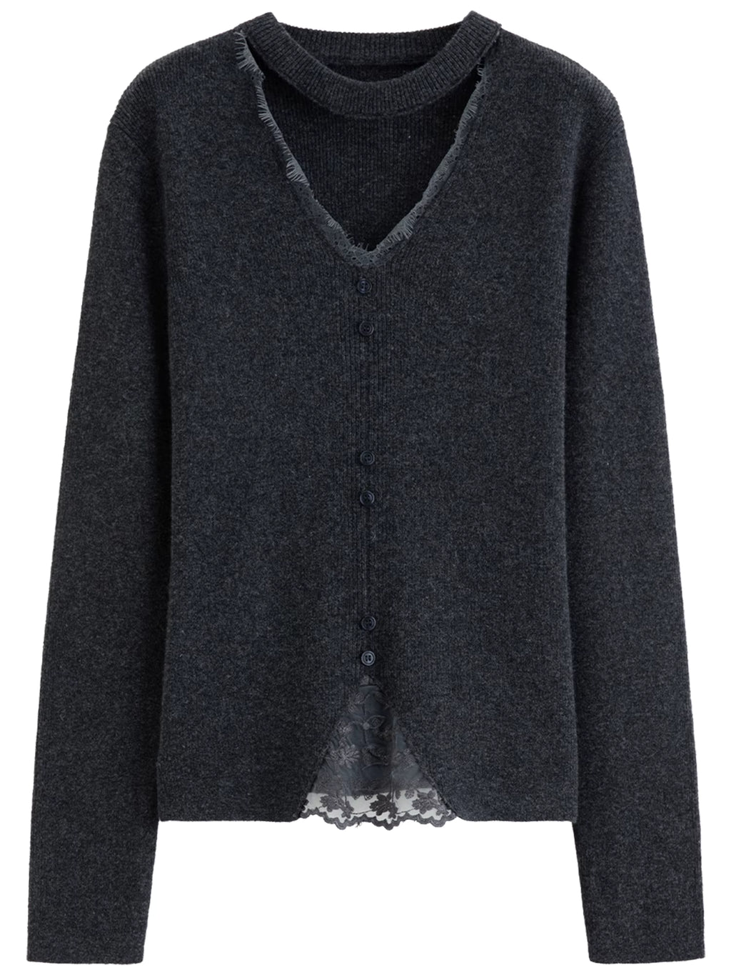 Plus-Size Women Lace-Trimmed Mesh V-Neck Knit Sweater with Wool Blend Winter 2025 New Arrival Heartbeat Signal Collection