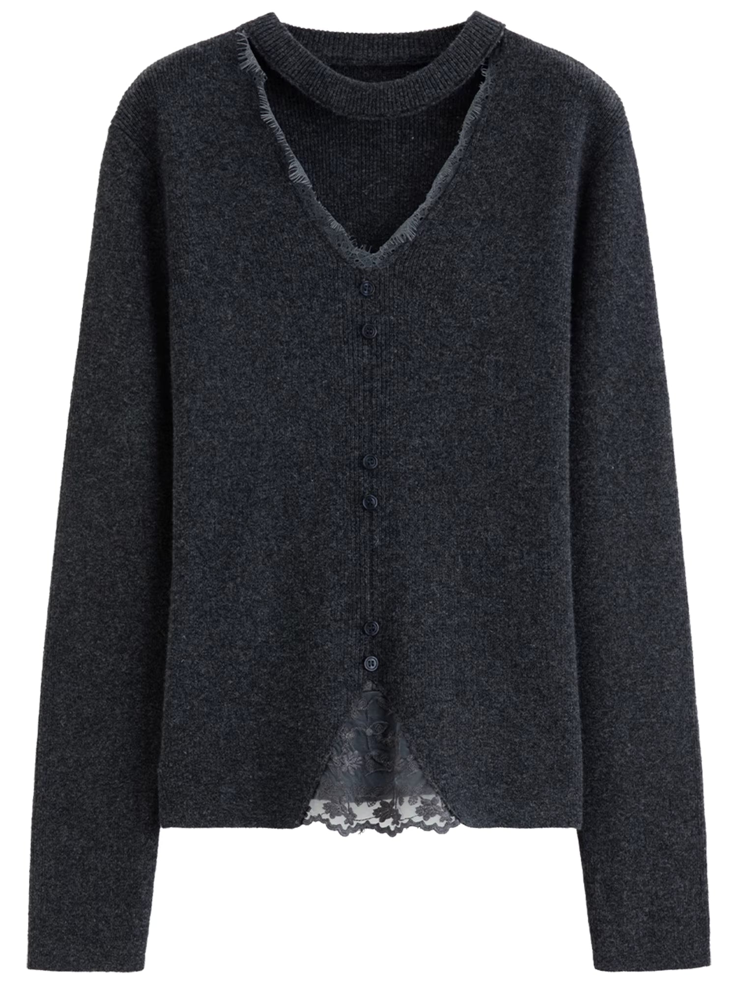 Plus-Size Women Lace-Trimmed Mesh V-Neck Knit Sweater with Wool Blend Winter 2025 New Arrival Heartbeat Signal Collection