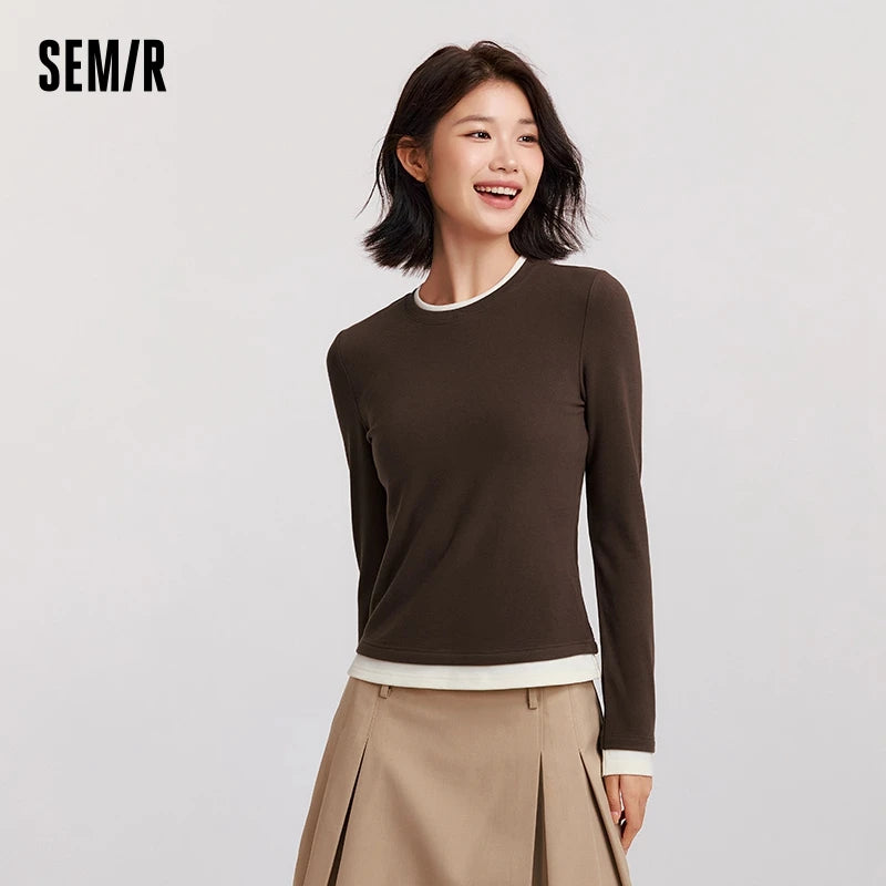 Semir Long Sleeve T-Shirt WomenTight Frayed Round Neck 2024 Winter New Moisture-Wicking Contrast Color Long Sleeve T-Shirt