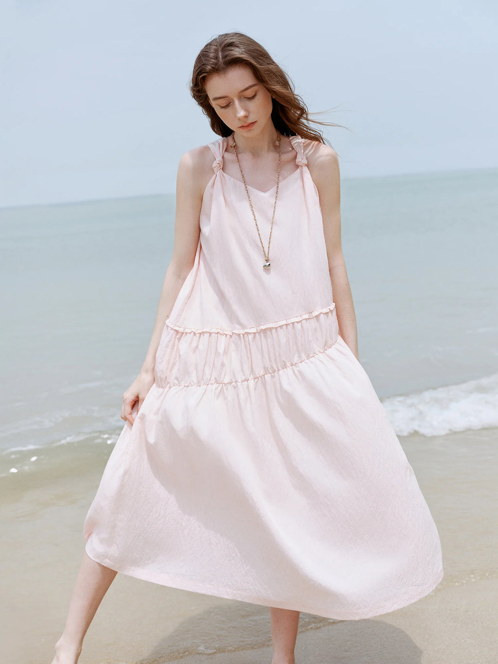 FSLE 【Premium Series】 Twisted Straps Flowing Dress - 2025 Summer New Collection Pink Sweet Dresses