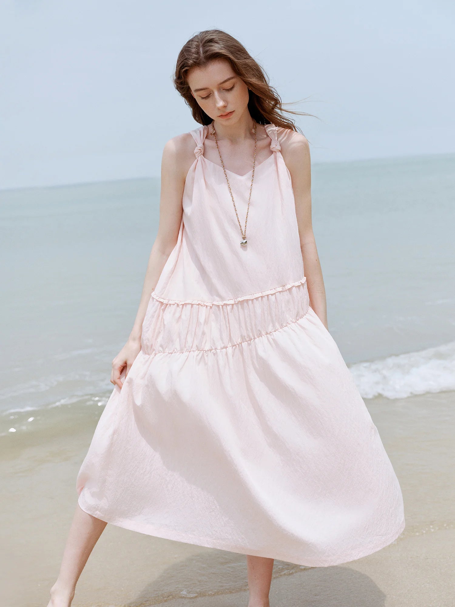 FSLE 【Premium Series】 Twisted Straps Flowing Dress - 2025 Summer New Collection Pink Sweet Dresses