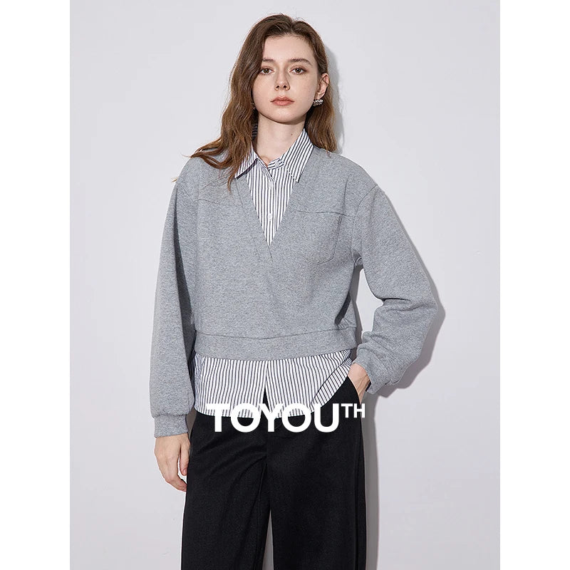 TOYOUTH Women Hoodies Sweatshirt 2024 Autumn Winter New Striped Fake Two Piece Turn Down Collar Shirt Tops