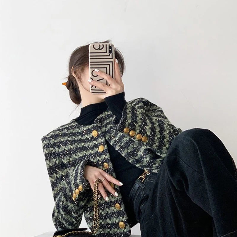 MEXZT Vintage Tweed Jacket Women Elegant Cropped Quilted Coat Winter Thicken Short Blazer Ladies Korean Chic Suit Outerwear New