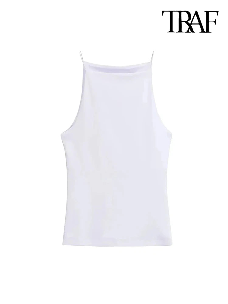 TRAF-Women's Halter Tank Tops, Sleeveless Vest, Thin Straps, Female Camis, Solid Color, Fashion