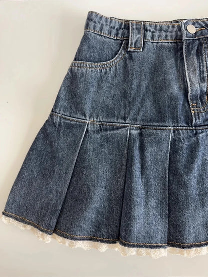 Women Blue A-line Denim Skirt Vintage Aesthetic Y2k Patchwork Lace Jean Skirt Harajuku Korean Cowboy Skirts 2000s Clothes Summer