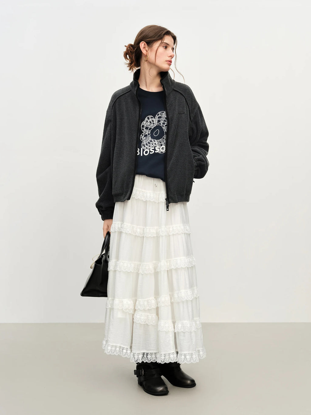 FSLE Winter 2025 Women's Embroidered Drop Shoulder Sweatshirt - 3D Floral Texture Slight Loose Fit Youthful Casual Layering Top