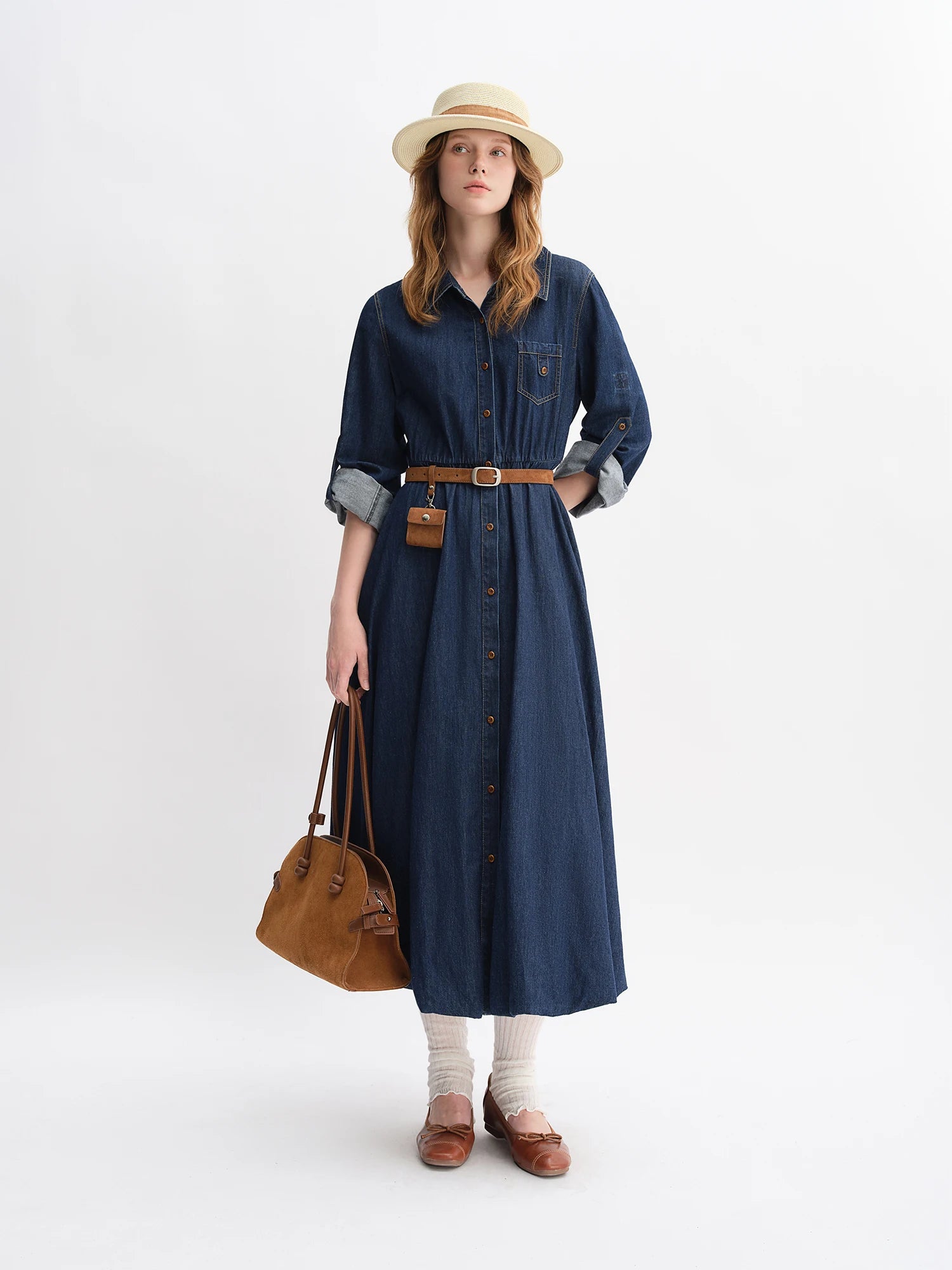 DUSHU Autumn 2025 Women's Denim Dress - Elegant Bouffant Hem Flowy Maxi Dress Casual Daily Wear Empire Waist