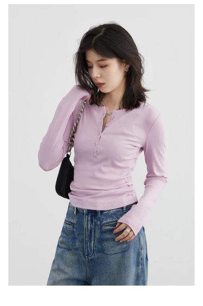 CHIC VEN Women T Shirt Solid New Half Open Neck Button Long Sleeved Slim Shirts Korean Tops Female Clothing Spring Autumn 2023