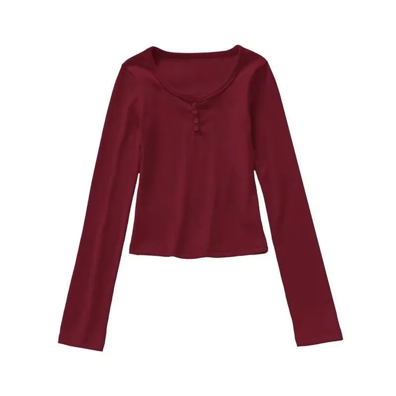 Burgundy T-shirts Women French Style Elegant Office Lady Casual Daily Temperament All-match Slim Unique Autumn Long Sleeve Tops