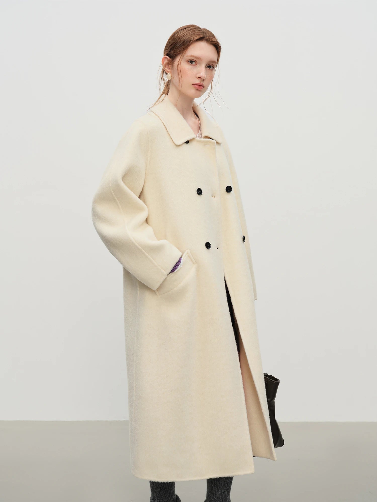 FSLE 2025 Women's Yak Wool Blend Coat - Peter Pan Collar Double Breasted Winter Trench with Flattering Silhouette Office Elegant