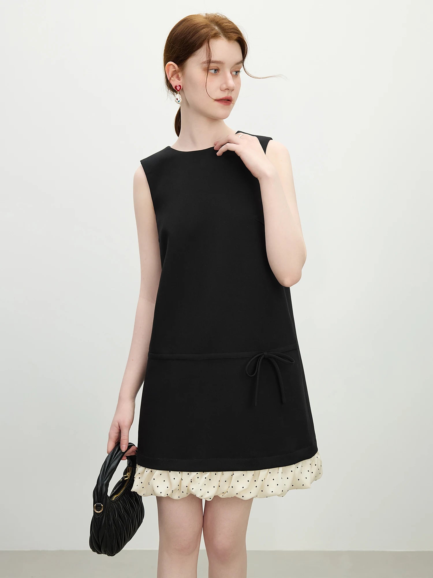 FSLE French Elegant Retro Contrast Dress Women Summer 2025 New Arrival Polka Dot Bow A-line Straight Chic Dress