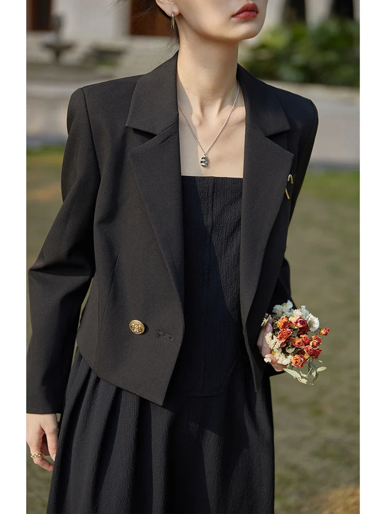 ZIQIAO Autumn Suit Collar Full Regular Sleeve Short Blazers Loose Office Lady Detachable Brooch Double Breasted Spring Jackets