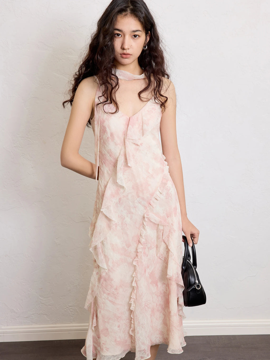 ZIQIAO【2 Vesions】Women Chiffon Strappy Long Dress 2025 Summer New Fly Sleeve Polyester Floral Dresses