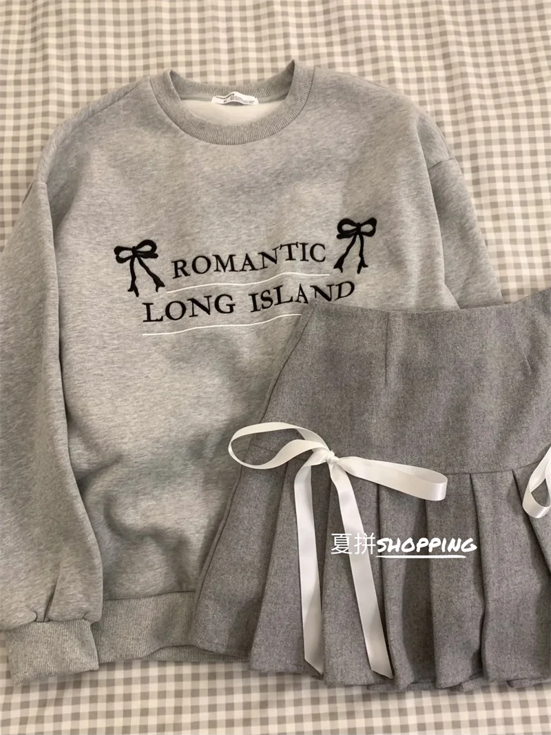 Korean Girlish Embroidered Letters Loose Long-sleeved Sweater Women Slim High Waist Bow Pleated Skirt Leisure Two-piece Suit New