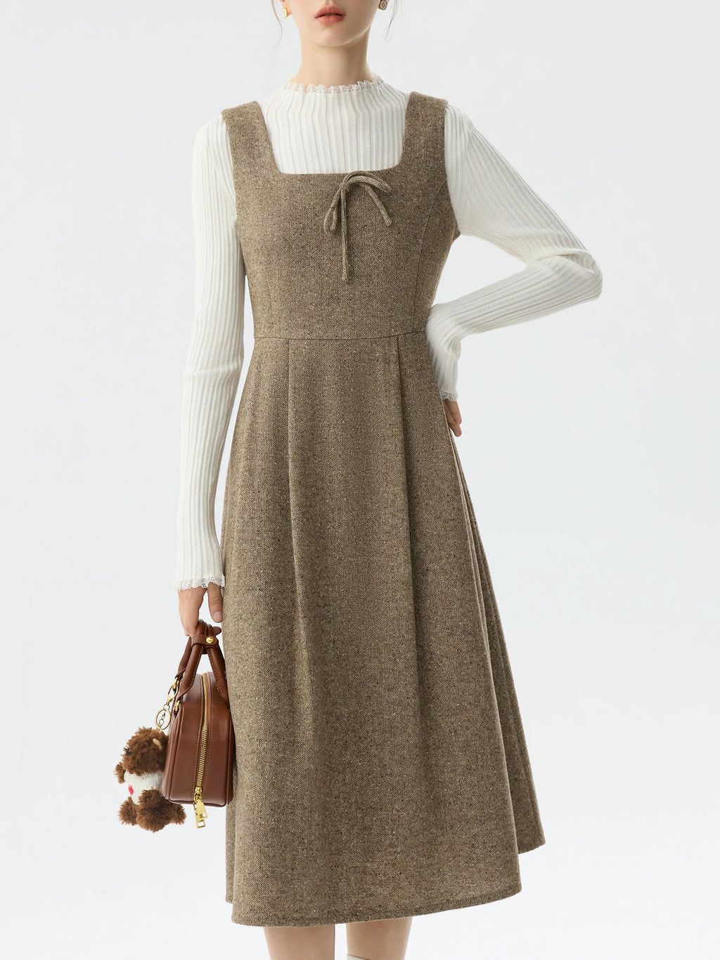 FSLE Office Lady Spotted Woolen Commuting Shoulder Strap Dress for Women Winter 2024 High-end Versatile Dress 24FS14534