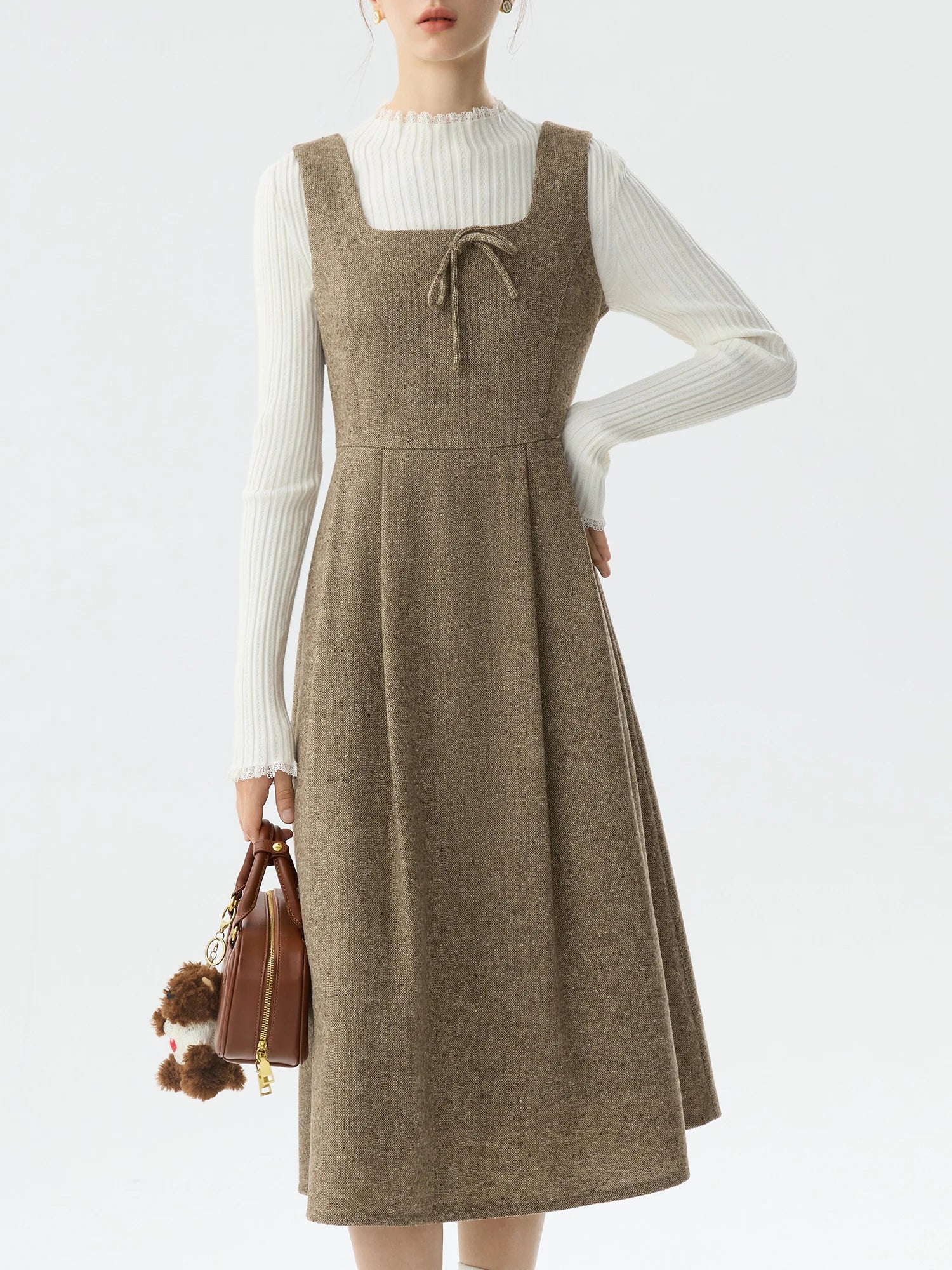 FSLE Office Lady Spotted Woolen Commuting Shoulder Strap Dress for Women Winter 2024 High-end Versatile Dress 24FS14534