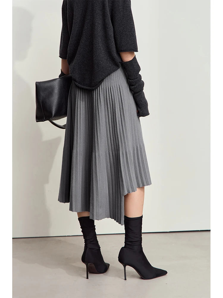 AMII Women's Minimalise Patchwork Skirts 2024 Winter Versatile A Line Pleated Irregular Female Commuter Knitted Skirt 12424047