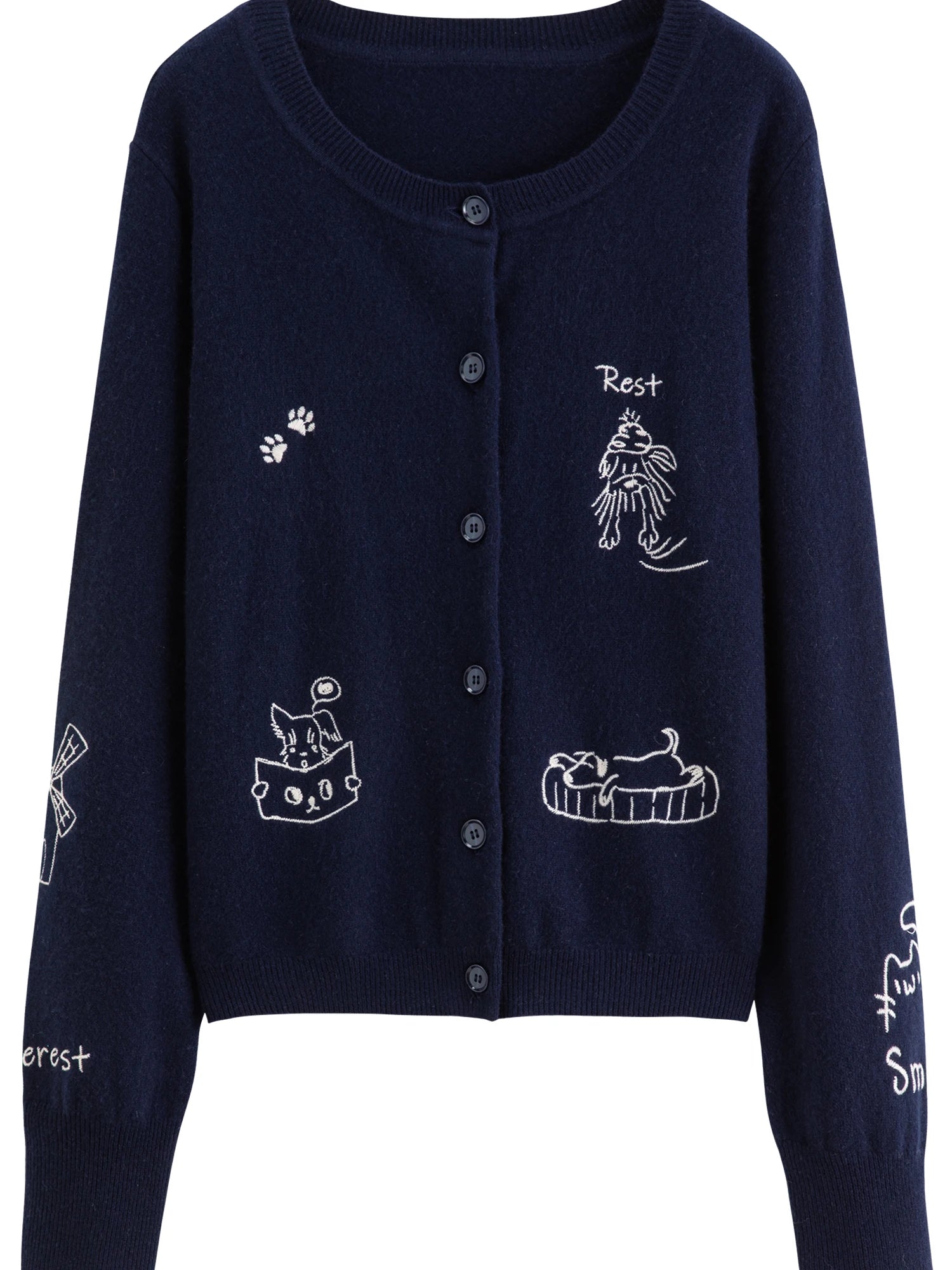 Plus-Size Women Fashion Cute Pet-Inspired Party 100% Wool Fun Embroidery Knit Cardigan 2025 Winter New Arrival Sweater