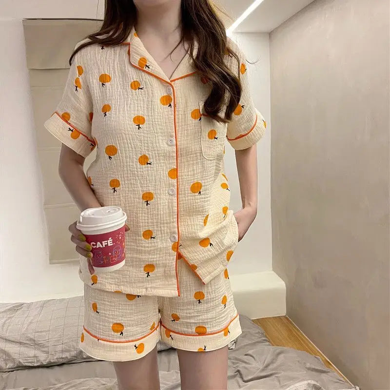 Orange Print Sleepwear Women Pajama Sets Korean Style Summer Piiama 2 Pieces Night Wears for Sleeping Student Cute Home Su
