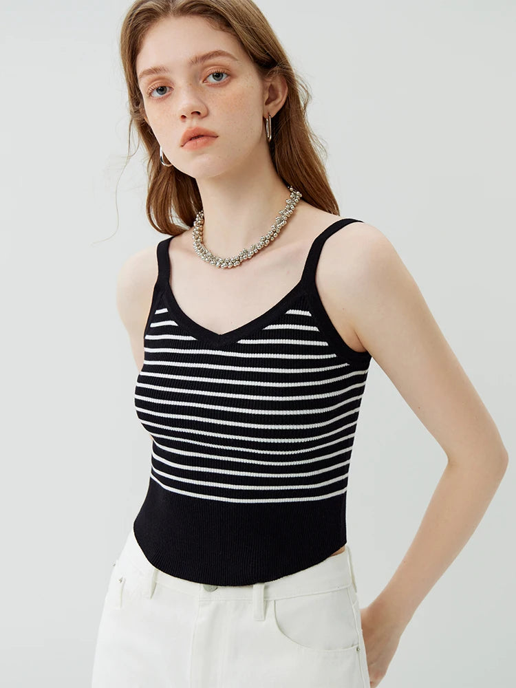 FSLE American Retro Style Striped Camisole for Women 2023 New Autumn Short Slim Casual Sleeveless Knitted Top Tank Female