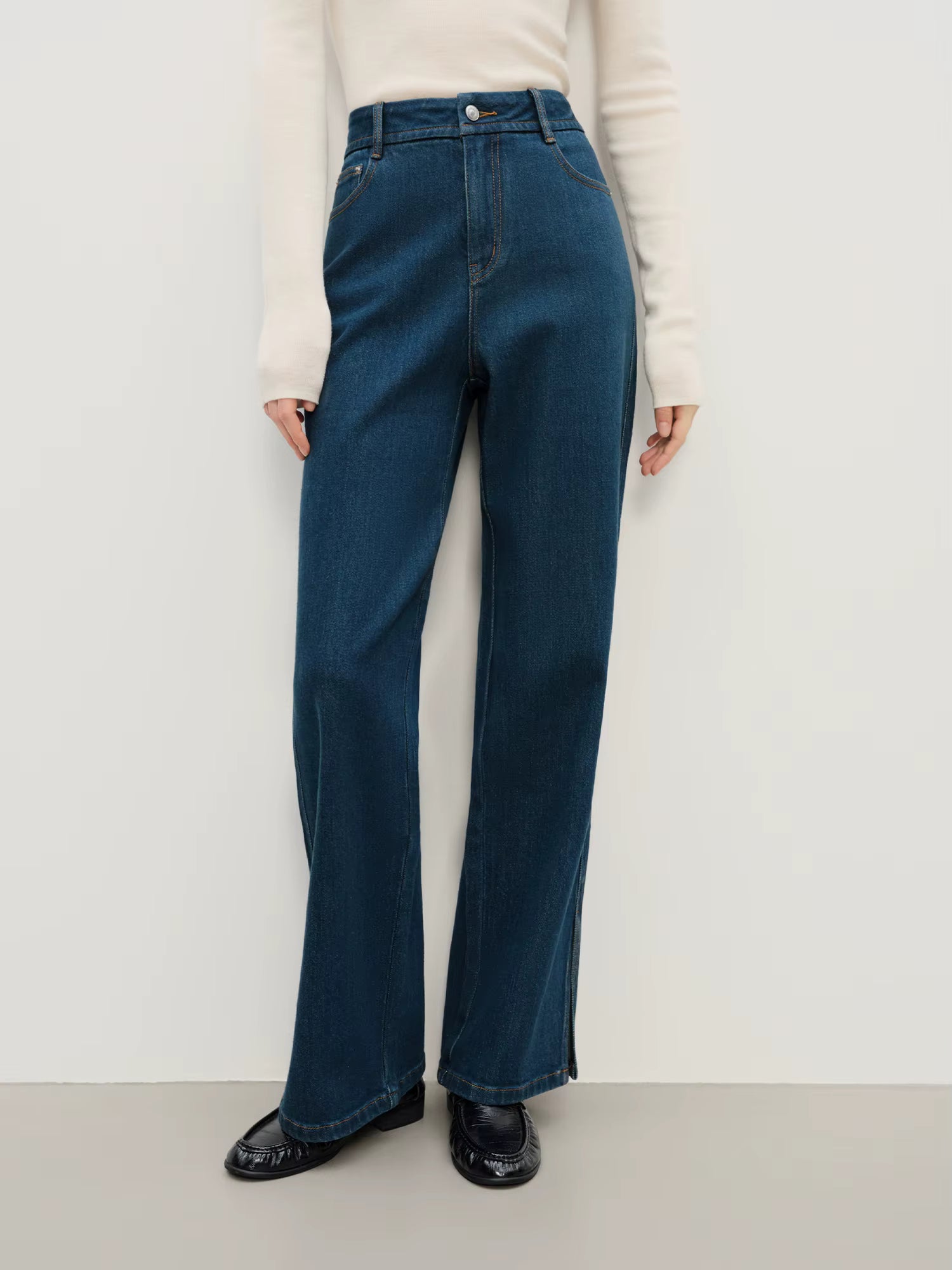 High-Waisted Black Wide-Leg Jeans with Slit Detail, Women's Fashion Casual Stretch Denim Trousers