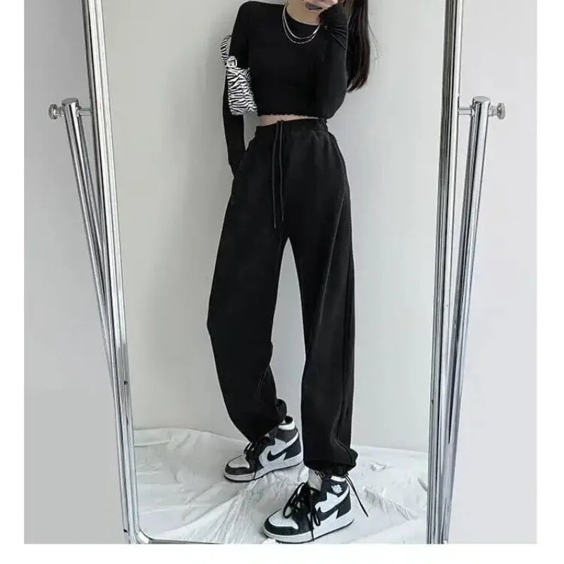 Women's 2024 Spring Autumn Korean Loose Solid Color Panel Pocket Printed Casual Sports Elasticized High-waisted Straight Pants