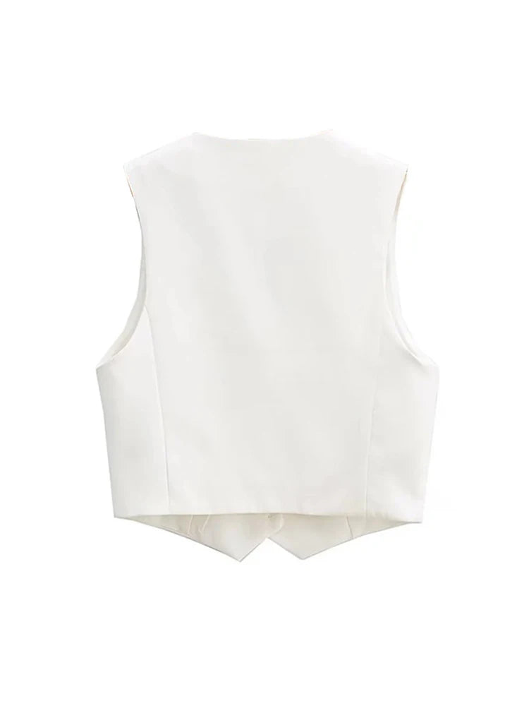 Front Buttons Cropped Waistcoat Vintage V Neck Sleeveless Female Outerwear Chic Tops