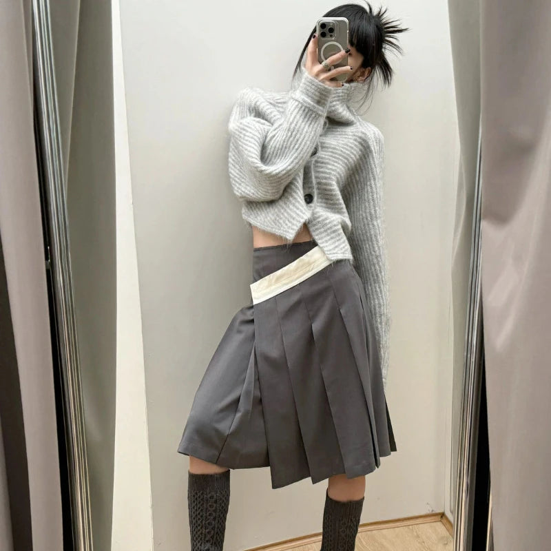 Deeptowm Y2K Gray Striped Women Sweater Vintage Turtleneck Korean Fashion Knit Cardigan Harajuku Button Autumn Loose Old Money