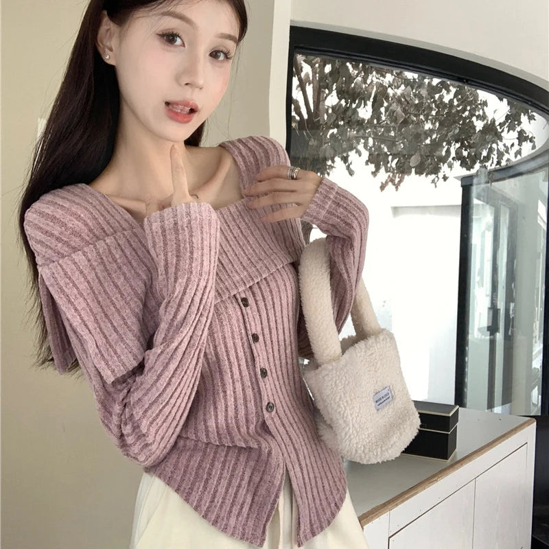 Y2K Pink Women T Shirts Korean Sweet Knitted Long Sleeve Women Casual Tops Autumn New All Match Square Collar Ladies Crop Tops