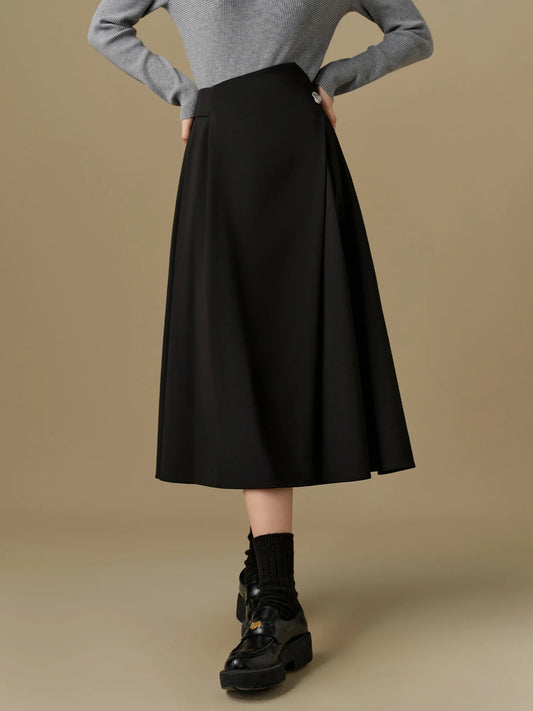 DUSHU【2 Length】Women Winter Long Skirts Irregular Waist Design Female Black Commuter Twill Skirt Mini Skirt 24DS84396+24DS84397