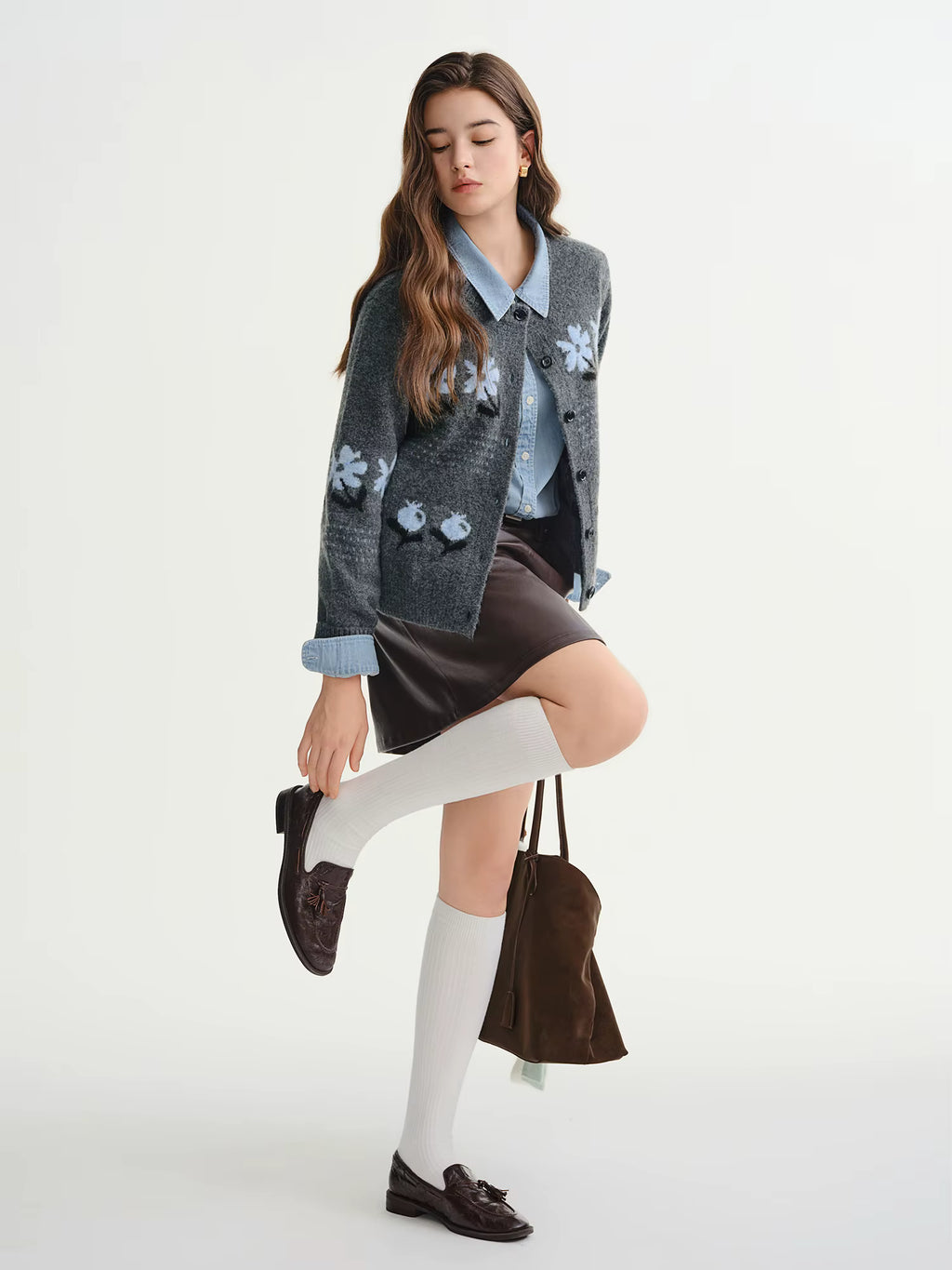 Winter 2025 Women's Floral Jacquard Knit Cardigan - Soft Lazy Style Open Front Sweater for Casual Comfort