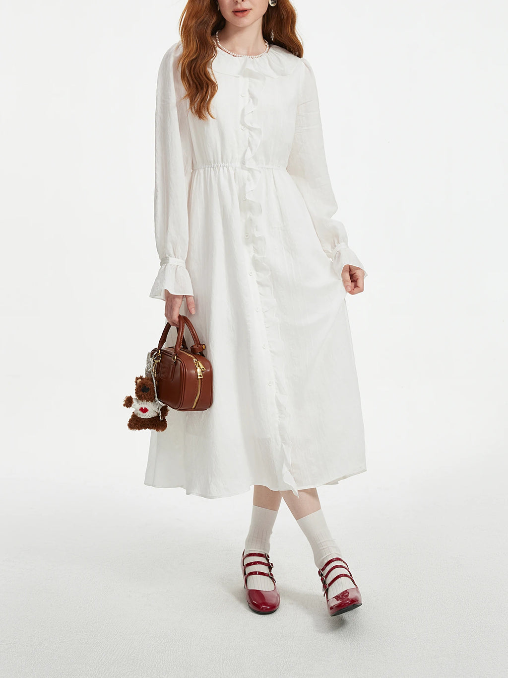 FSLE Women Autumn Long Sleeve Dress White Temperament X-LINE Dresses Ruffled Neck Design Female Solid Long Dress 24FS13260