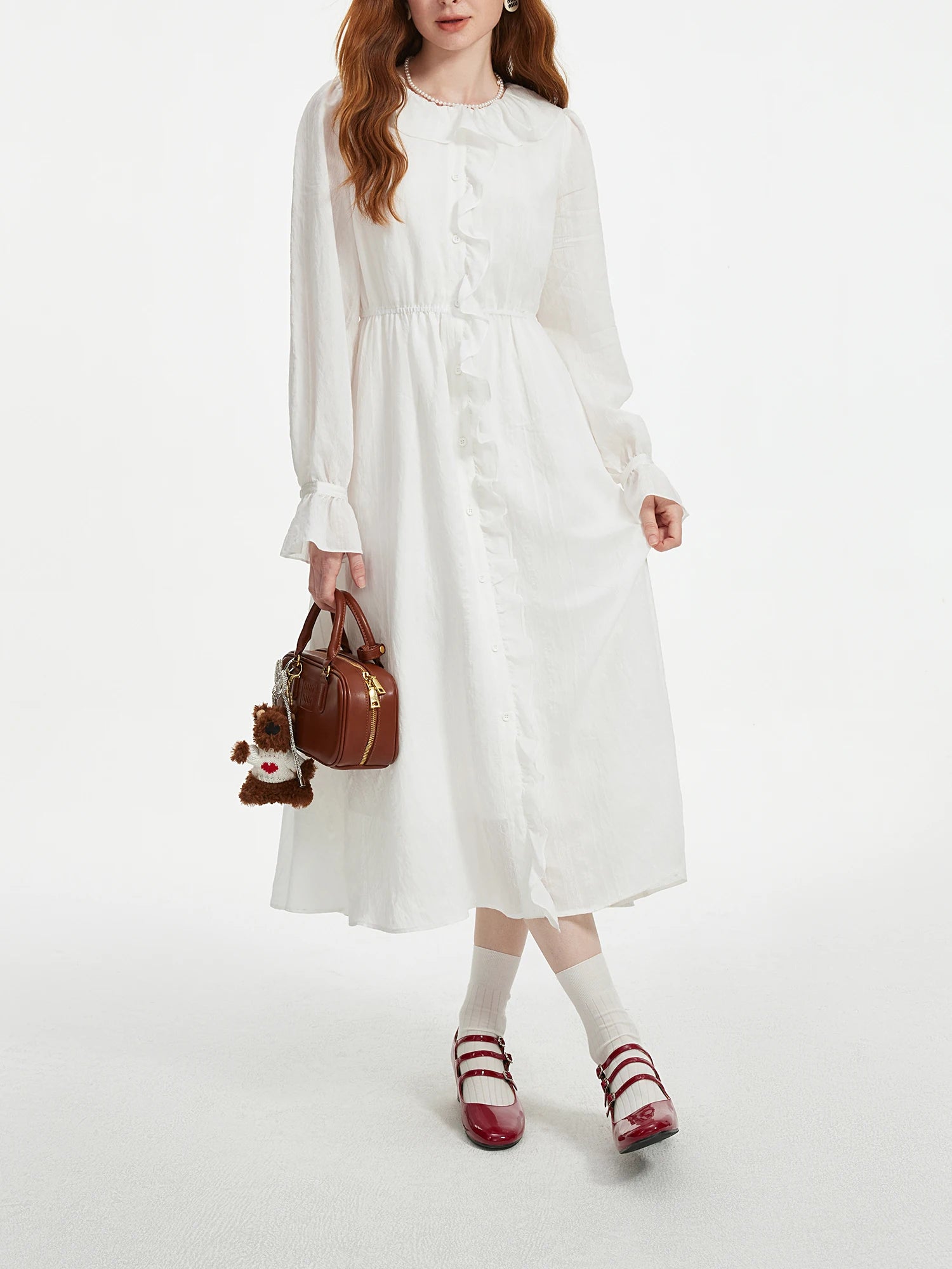 FSLE Women Autumn Long Sleeve Dress White Temperament X-LINE Dresses Ruffled Neck Design Female Solid Long Dress 24FS13260