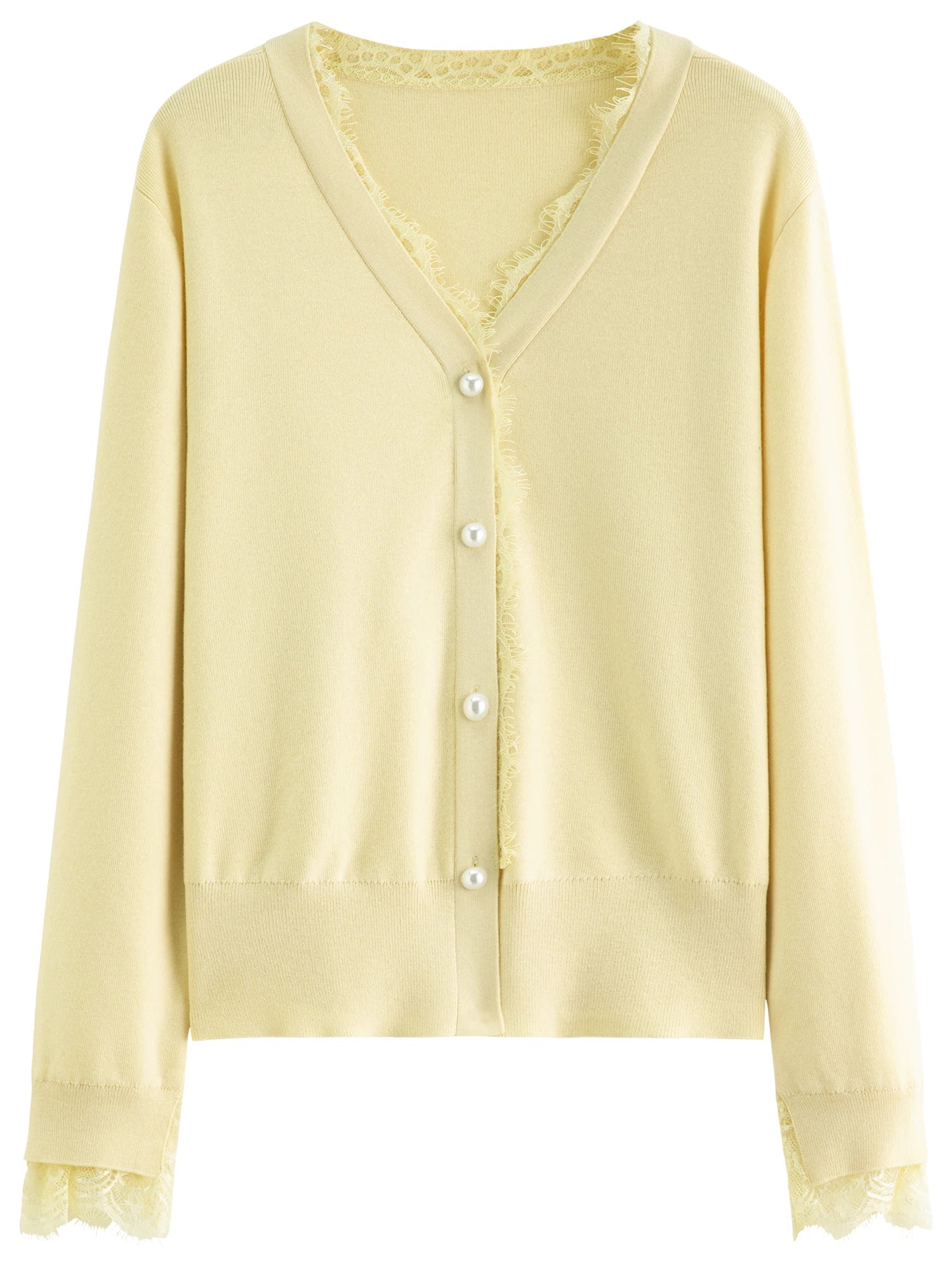 DUSHU Plus Size Lace Trimmed Knit Cardigan Women 2025 Autumn New Arrival V-Neck Yellow Top Elegant Blouse Fashion Outerwear