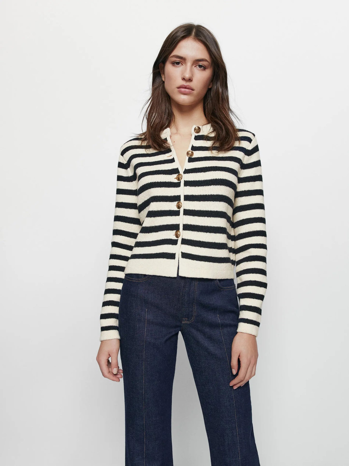 Ethereal MD 2023 women's autumn new style of Women's casual knit cardigan with buckle stripes