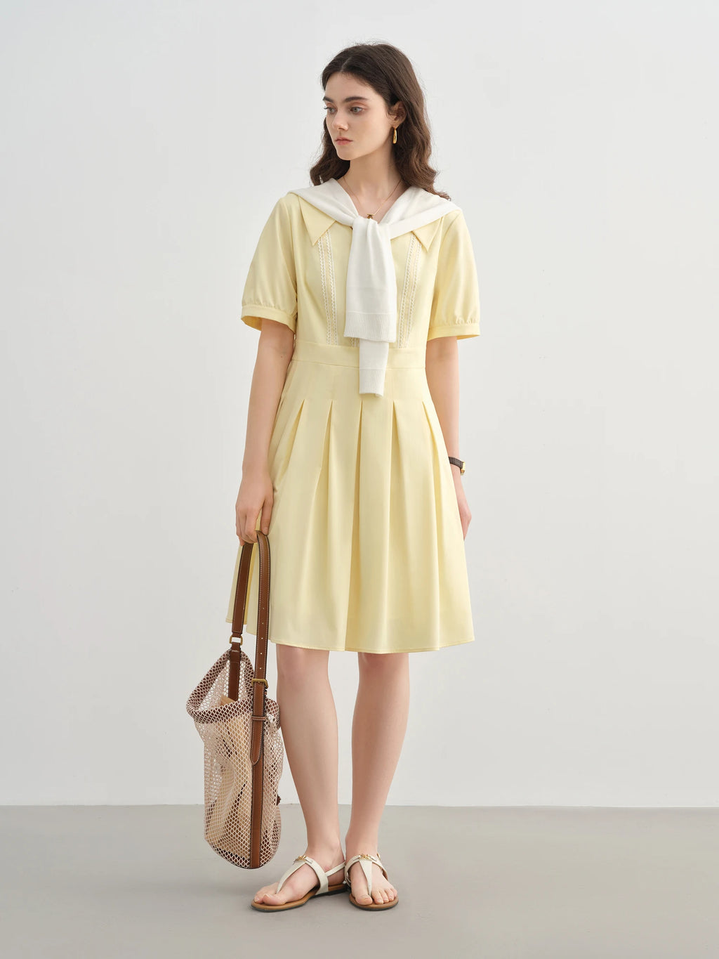 DUSHU Plus Size Women's Slim Dress Summer Sweet Age-reducing Waist Short Sleeve V-neck High Waist Pleated