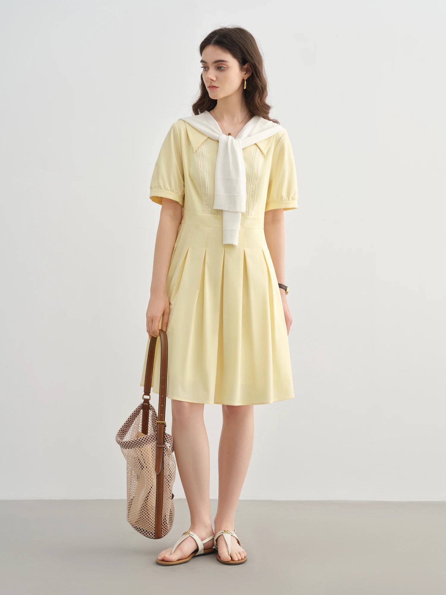 DUSHU Plus Size Women's Slim Dress Summer Sweet Age-reducing Waist Short Sleeve V-neck High Waist Pleated