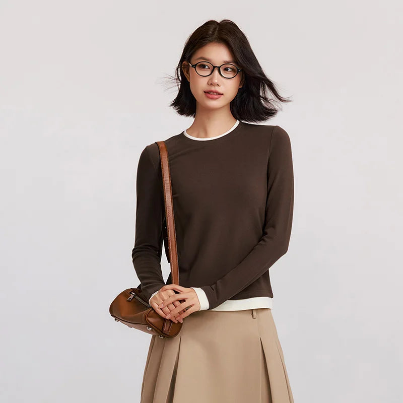 Semir Long Sleeve T-Shirt WomenTight Frayed Round Neck 2024 Winter New Moisture-Wicking Contrast Color Long Sleeve T-Shirt