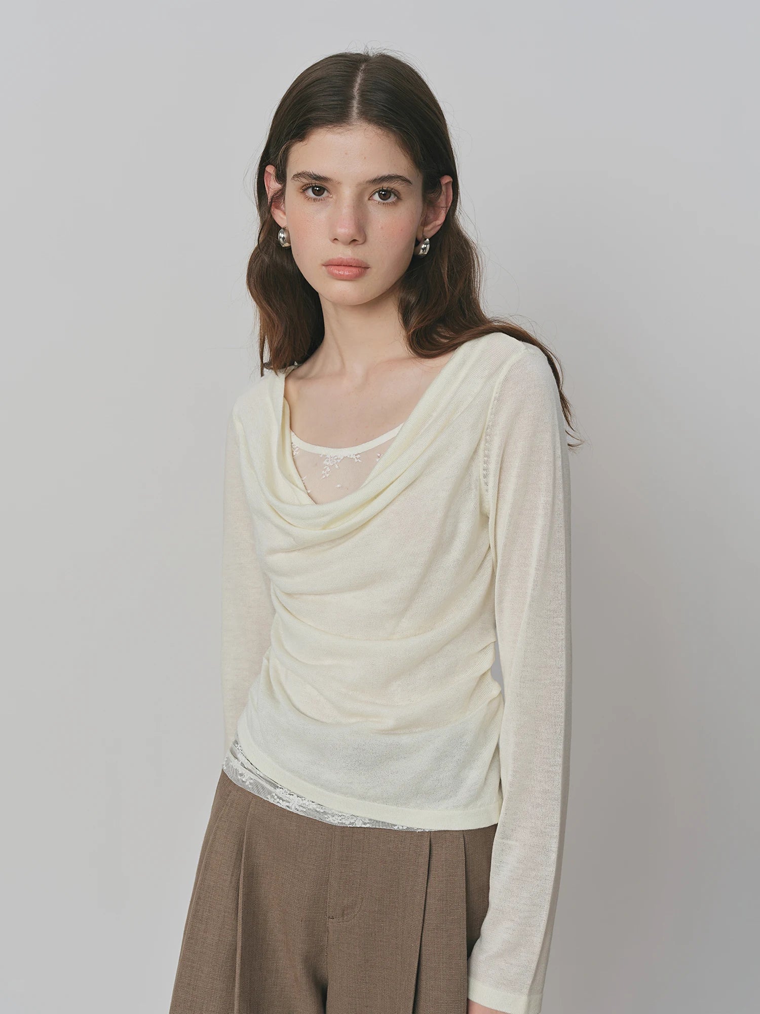FSLE Purple Swing Collar Mesh Knit Sweater Women 2025 Autumn New Thin Slightly Transparent Long Sleeve Top