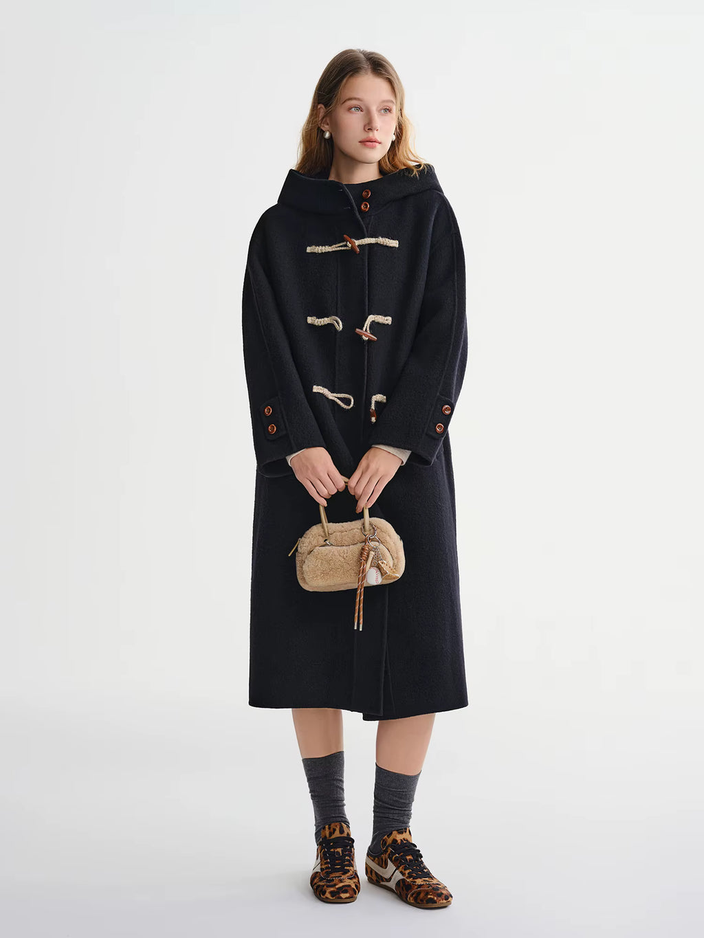 Winter 2025 Women's Horn Button Wool Blend Coat - Korean Style Double Faced Midi Length Stand Collar Casual Elegance