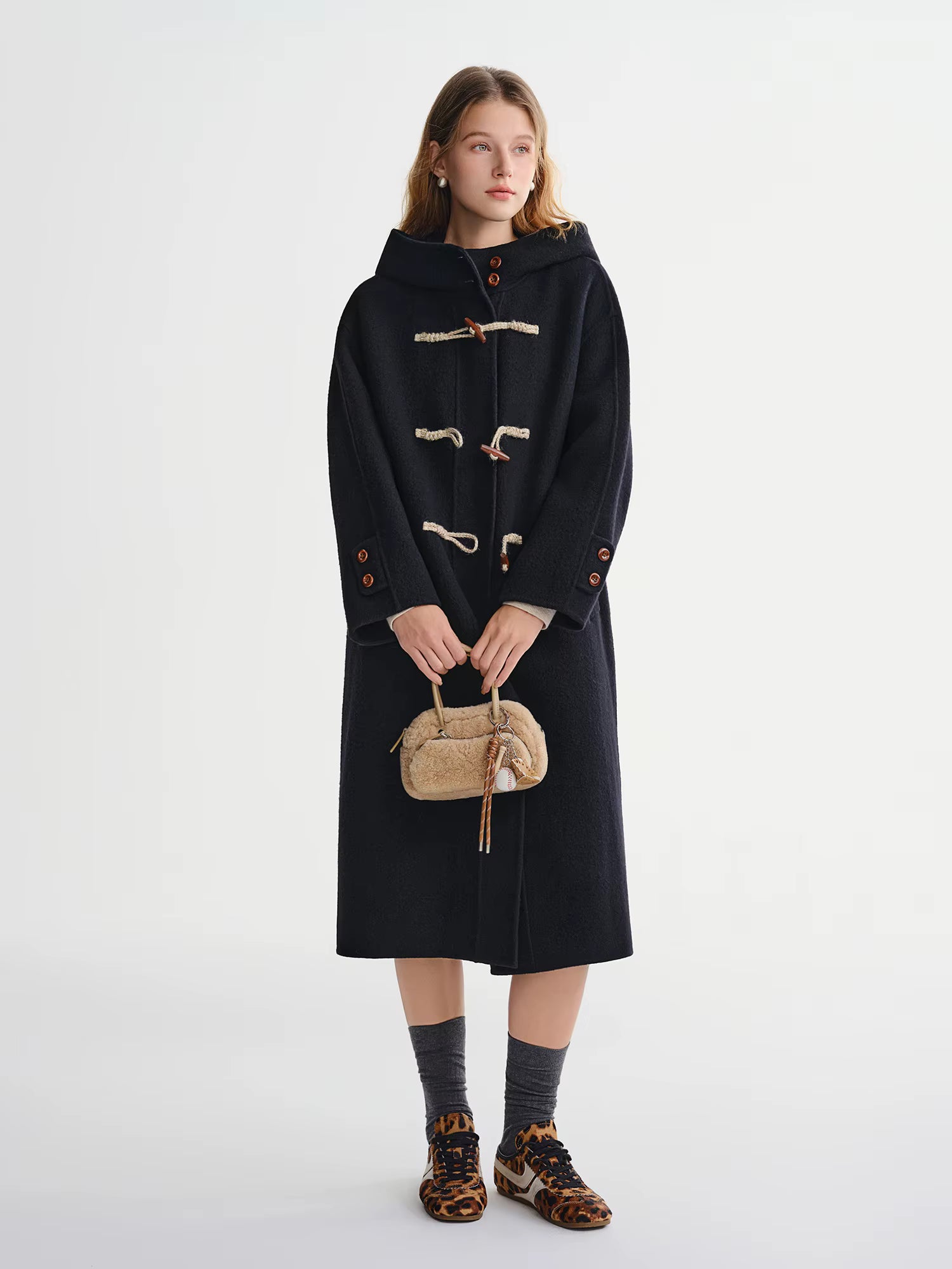 Winter 2025 Women's Horn Button Wool Blend Coat - Korean Style Double Faced Midi Length Stand Collar Casual Elegance