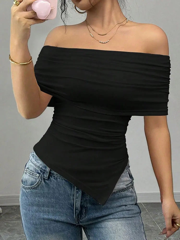 Women New T-shirt Summer Fashion Slash Neck Streetwear Casual Slim Versatile Tees Solid Sexy Off Shoulder Elegant Lady Clothing